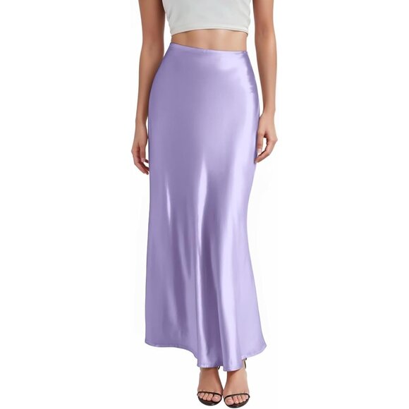 Women's Lavender Silky Satin Fabric Stretch High Waist Casual Pull On Maxi Skirt